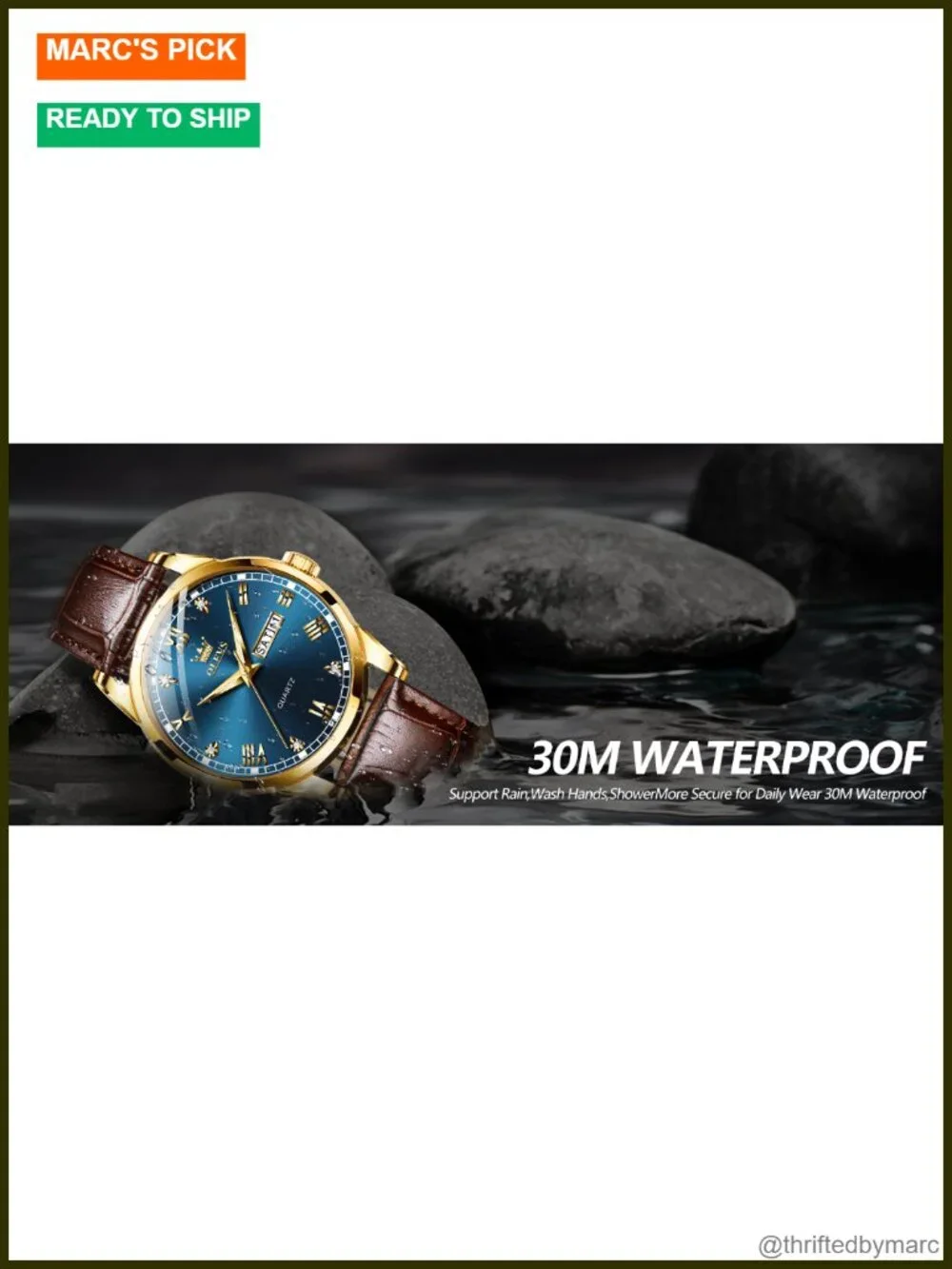 Mens Leather Watch Quartz Brown Band Dress Watch Gold Case Day Date Business